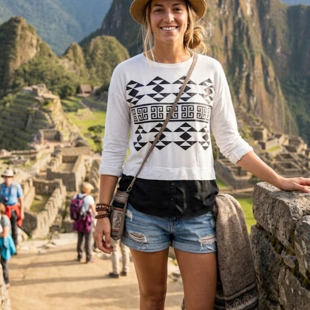 Kensie longsleeve Sz M Rayon mix. Geometric Aztec-inspired pattern
